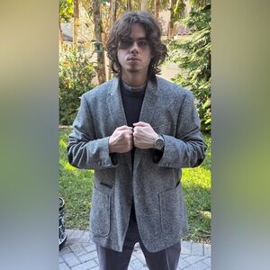 Men's Black Brown 1826 Fuzzy Gray Blazer Wool Blend Elbow Pads Sport Coat XXL